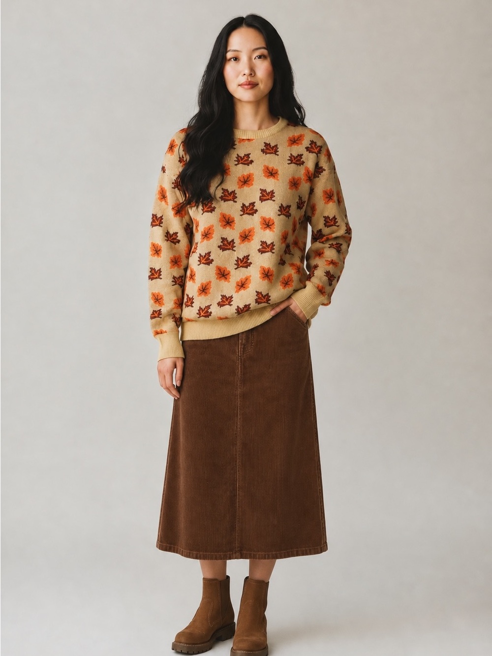 Autumn Maple Leaf Knit Crewneck Sweater Cottagecore Size L